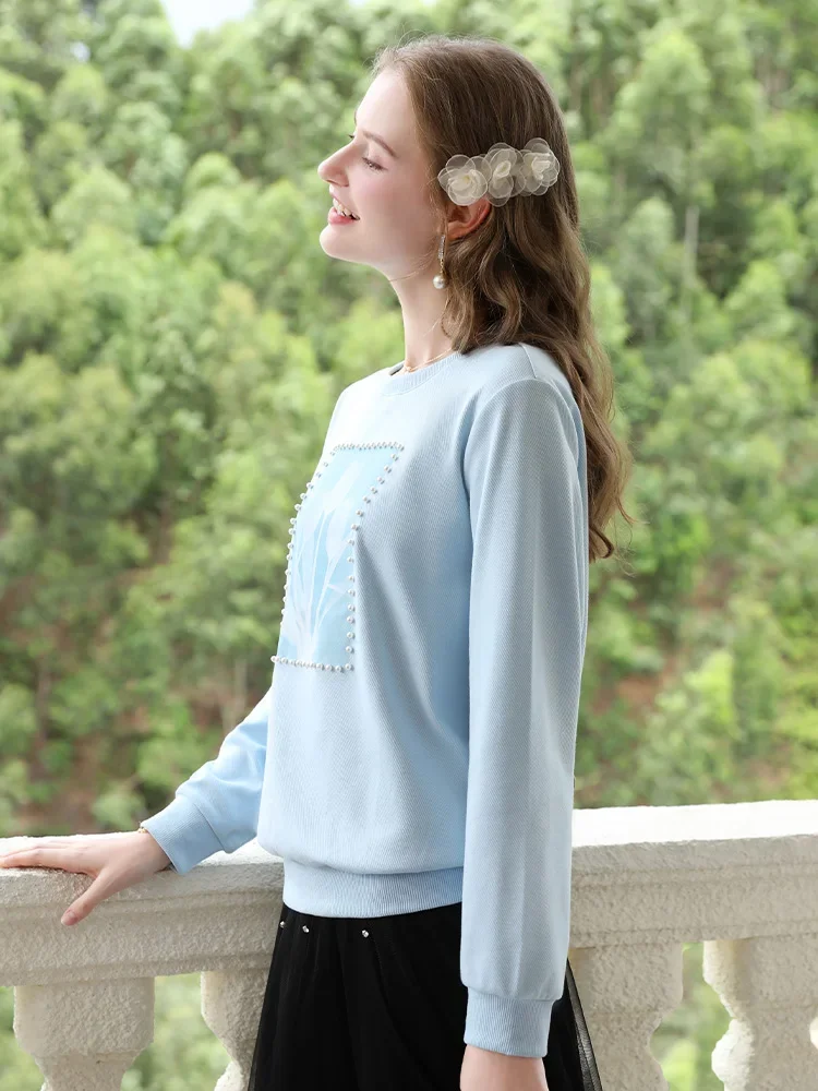 I BELIEVE YOU Blue Loose Hoodies Women Nail Bead Print Round Neck 2024 Autumn New Fresh Tops Soft Knitwears Jumper CWY245464A - Image 4