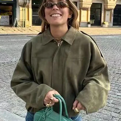 Vintage Women Green Oversize Bomber Jackets 2025 Fashion Ladies Elegant Loose Soft Outfits Jacket for Party Female Chic Clothes