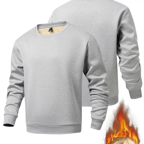 Men's thickened round neck sweatshirt with warm lamb fleece lining; basic pullover top for men's wear.