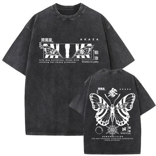 Washed Vintage Anime Demon Slayer Akaza Butterfly Eyes Graphic T Shirts Men Women Cartoon Manga Merch T-shirt Male Cotton Tshirt
