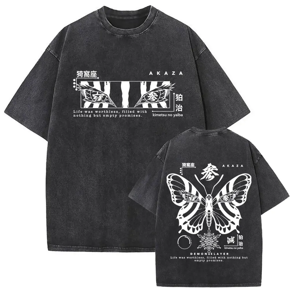 Washed Vintage Anime Demon Slayer Akaza Butterfly Eyes Graphic T Shirts Men Women Cartoon Manga Merch T-shirt Male Cotton Tshirt