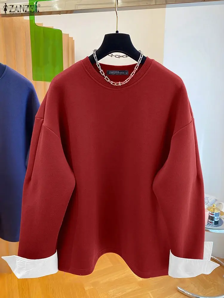 ZANZEA Women Pullovers Sweatshirts 2025 Autumn Jumpers Patchwork Winter Tops Fashion Long Sleeve Blusas Sweatshirt Clothing - Image 3