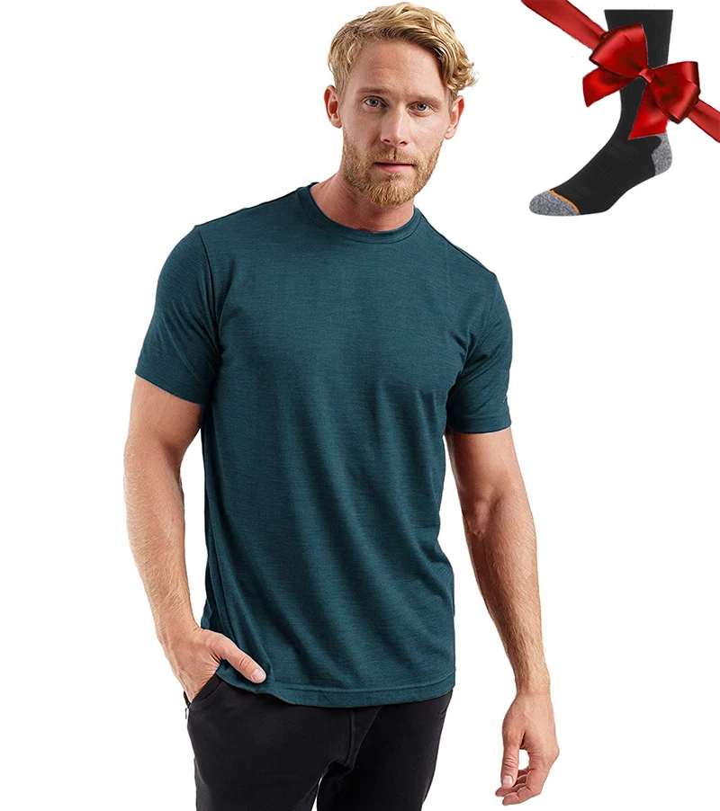 100% Superfine Merino Wool T Shirt Mens Base Layer Shirt Merino Wool Wicking Breathable Quick Dry Anti-Odor +Merino Wool Socks
