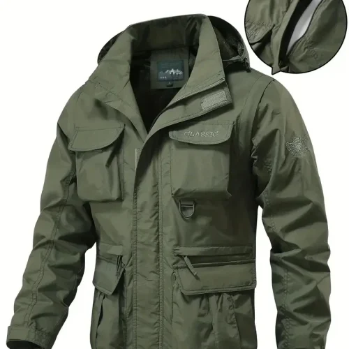 Detachable windproof sleeved hooded jacket suitable for outdoor activities men's casual waterproof multi pocket jacket vest