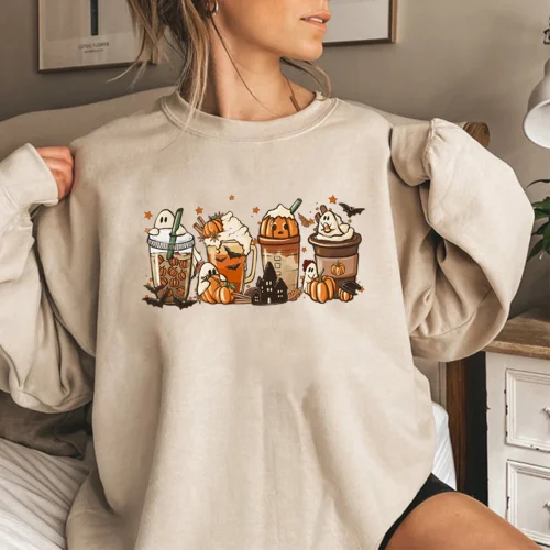 Fall Coffee Sweatshirt Cute Fall Hoodies Thanksgiving Pullovers Halloween Gift Unisex Long Sleeve Sweatshirt Coffee Lover Tops