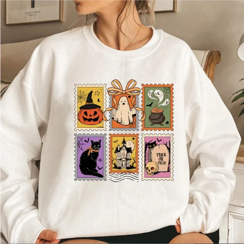 Retro Halloween Cat Ghost Sweatshirt Spooky Season Hoodie Unisex Casual Sweatshirts Pumpkin Halloween Pullover Streetwear Tops