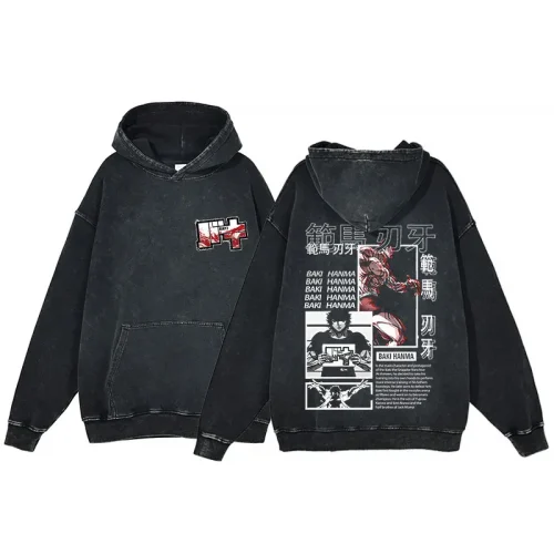Hot Anime Baki Hanma Graphic Print Men Women Vintage Hoodies Washed Cotton Streetwear Harajuku Unisex Casual Loose Sweatshirt