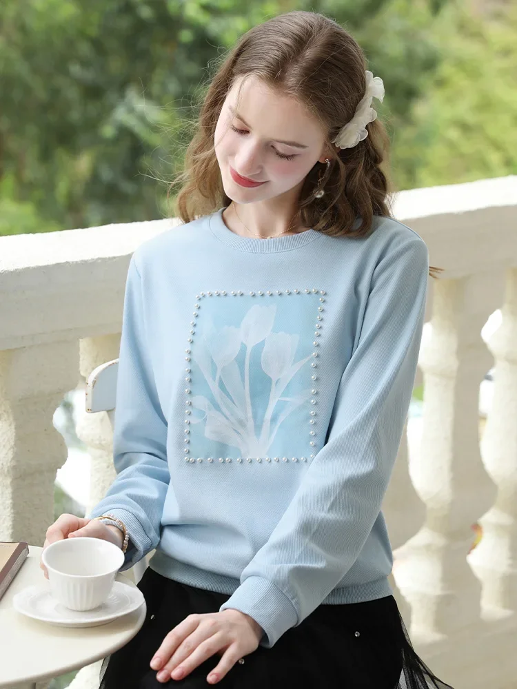 I BELIEVE YOU Blue Loose Hoodies Women Nail Bead Print Round Neck 2024 Autumn New Fresh Tops Soft Knitwears Jumper CWY245464A - Image 2