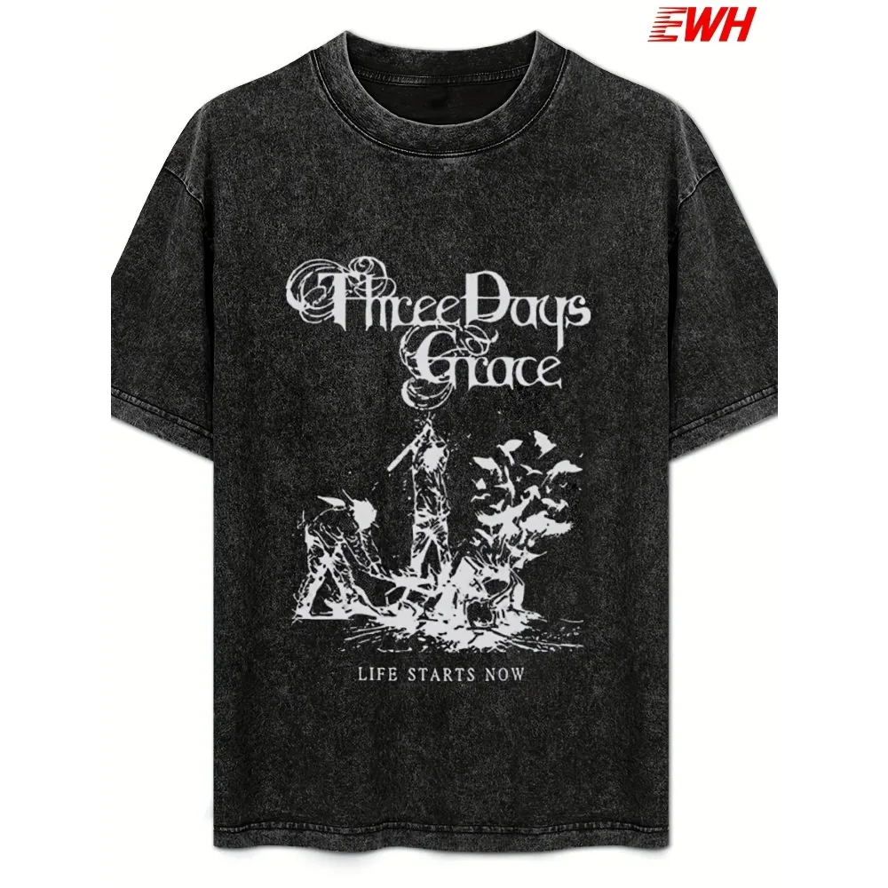 EWHEuropean and American rock grace three-day band, washed distressed T-shirt, short sleeve loose Graphic Short Sleeve Shirt