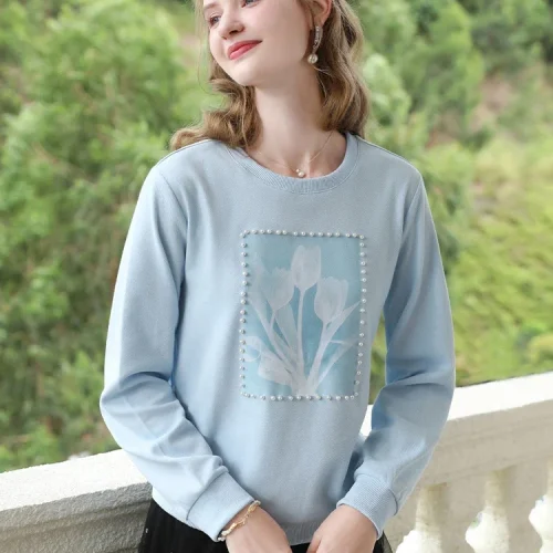 I BELIEVE YOU Blue Loose Hoodies Women Nail Bead Print Round Neck 2024 Autumn New Fresh Tops Soft Knitwears Jumper CWY245464A