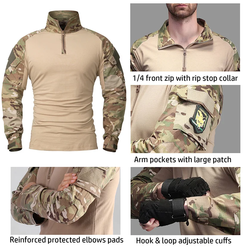 Men's Camouflage Tactical Shirt 1/4 Zip Long Sleeve Combat T Shirt Cotton Camo Uniform Airsoft Shirts - Image 2