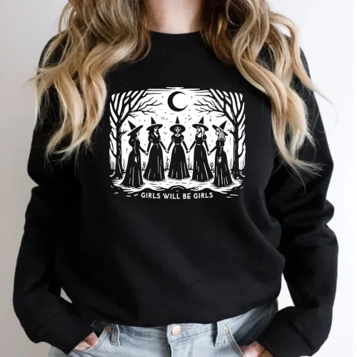 Girls Will Be Girls Witch Sweatshirt Funny Witch Shirts Vintage Halloween Women's Sweatshirt Long Sleeve Witchy Vibes Hoodies