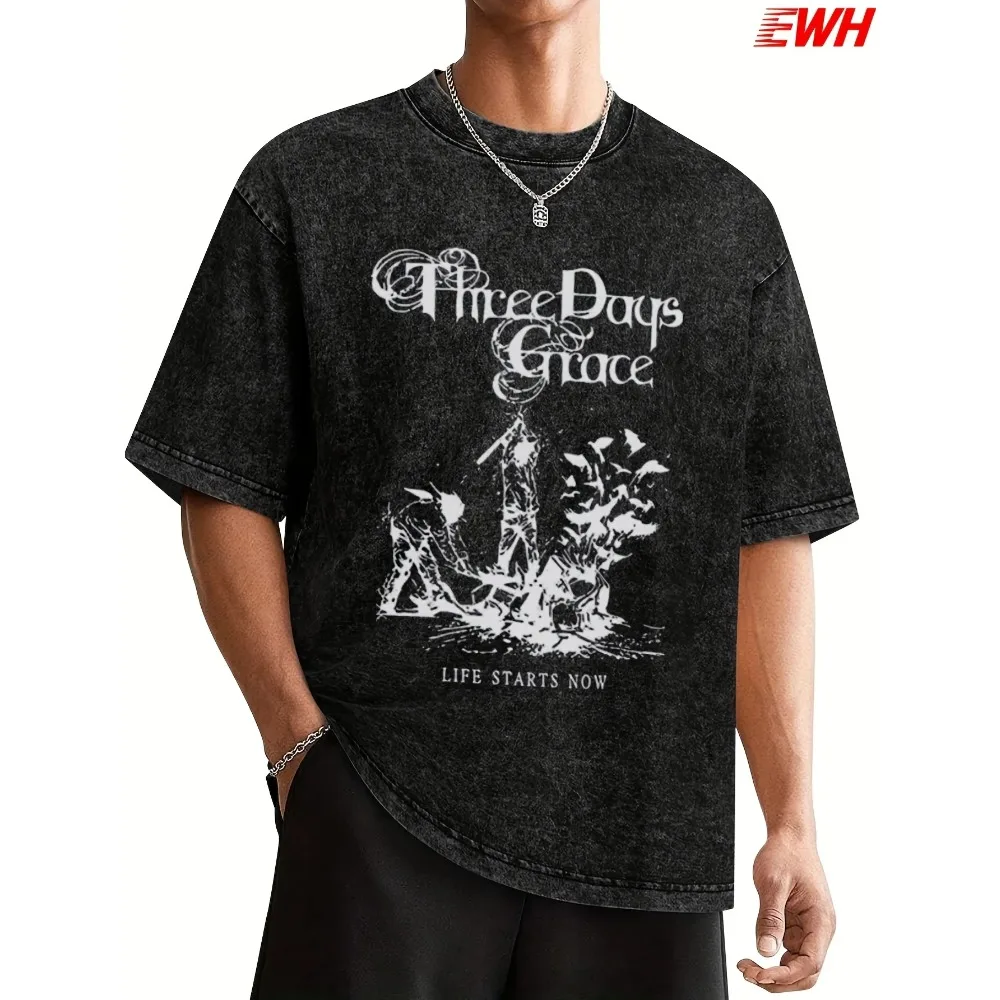 EWHEuropean and American rock grace three-day band, washed distressed T-shirt, short sleeve loose Graphic Short Sleeve Shirt - Image 2