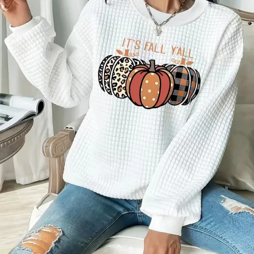Women's Autumn and Winter Waffle Sweatshirt - Pumpkin Leopard Pattern Pullover - Fabric Soft Skin-friendly Style Fashionable