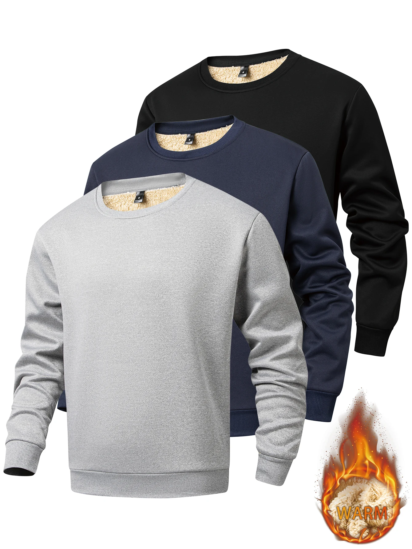 Men's thickened round neck sweatshirt with warm lamb fleece lining; basic pullover top for men's wear. - Image 3