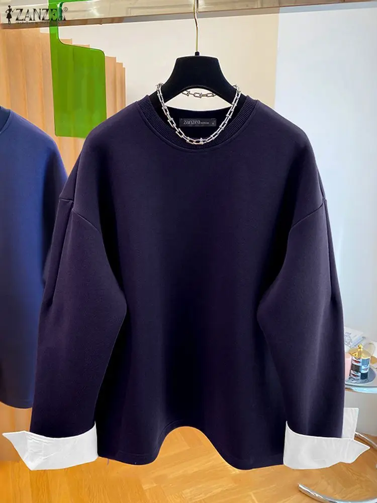 ZANZEA Women Pullovers Sweatshirts 2025 Autumn Jumpers Patchwork Winter Tops Fashion Long Sleeve Blusas Sweatshirt Clothing - Image 2