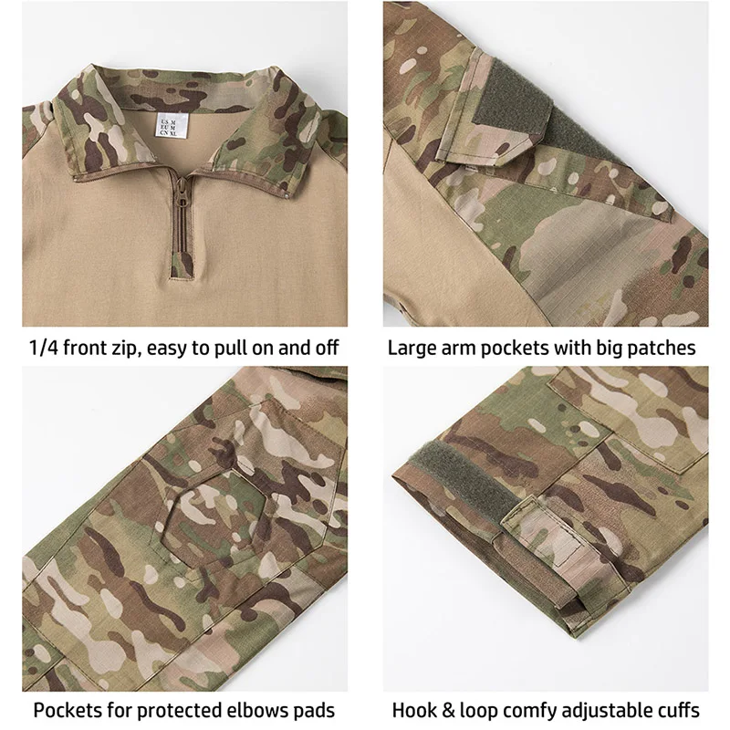 Men's Camouflage Tactical Shirt 1/4 Zip Long Sleeve Combat T Shirt Cotton Camo Uniform Airsoft Shirts - Image 3