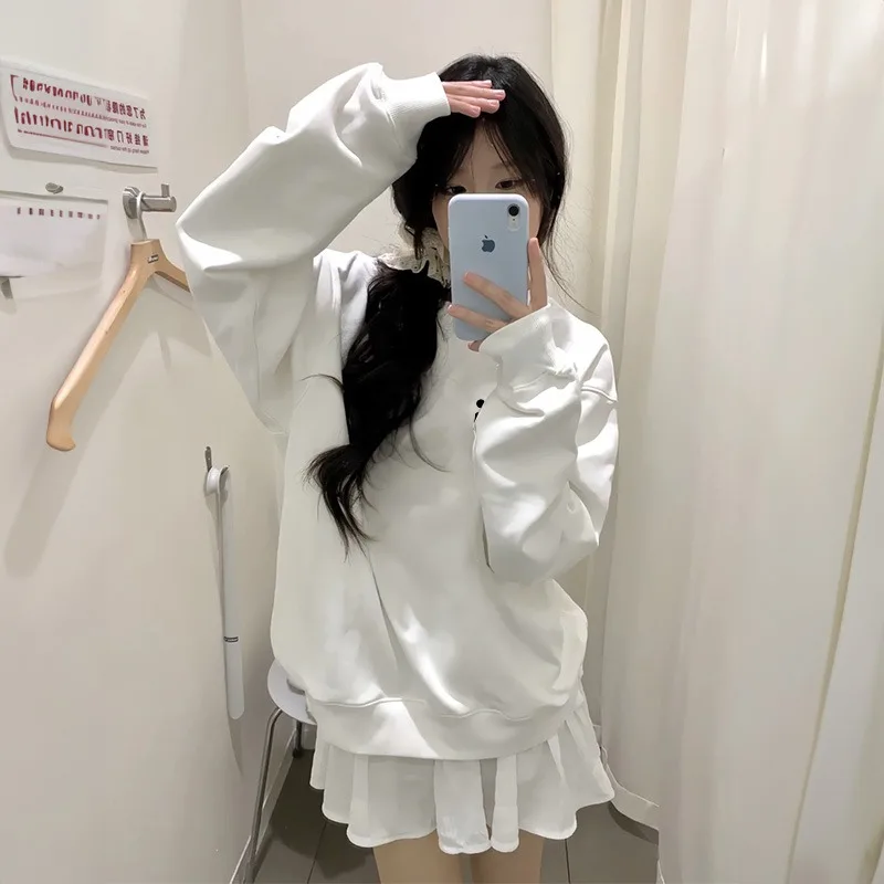 White Gray Round neck Hoodie Women Autumn Winter 2025 New Oversize Thicken Sweatshirt Casual Loose Warm Y2K Top Female Pullover - Image 3