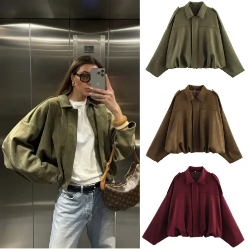 ETJ 2025 Spring new women's suede texture effect Loose version of fashion lapel shoulder bomber jacket